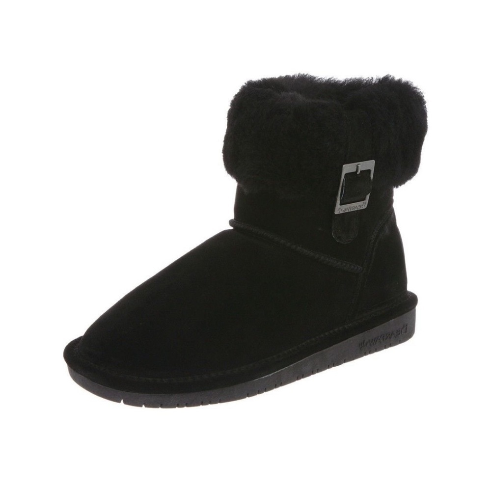 Bearpaw Abby Suede Ankle Bootie with Sheepskin Collar Black Size 9